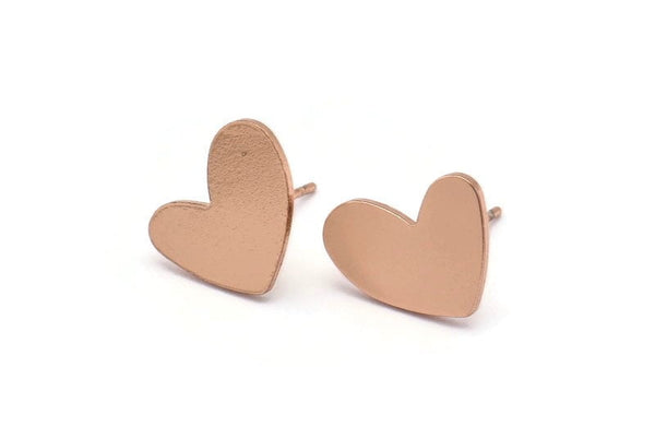 Rose Gold Heart Earring, 4 Rose Gold Plated Brass Heart Stud Earrings (14x11x1mm) M854 A2238 Q1087