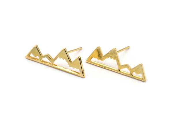 Gold Mountain Earring, 6 Gold Plated Brass Mountain Shaped Stud Earrings (22x7x1mm) D0827 A1214 Q1082