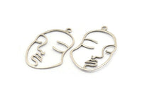 Silver Face Charm, 6 Antique Silver Plated Brass Face Shape Charms With 1 Loop, Pendant, Earrings, Findings (46x28x1mm) E022 H0701