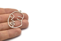 Silver Face Charm, 6 Antique Silver Plated Brass Face Shape Charms With 1 Loop, Pendant, Earrings, Findings (46x28x1mm) E022 H0701