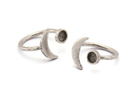 Silver Ring Settings, 3 Antique Silver Plated Brass Moon And Planet Ring With 1 Stone Setting - Pad Size 5mm N0821 H0978
