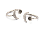 Silver Ring Settings, 3 Antique Silver Plated Brass Moon And Planet Ring With 1 Stone Setting - Pad Size 5mm N0821 H0978