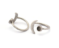 Silver Ring Settings, 3 Antique Silver Plated Brass Moon And Planet Ring With 1 Stone Setting - Pad Size 5mm N0821 H0978