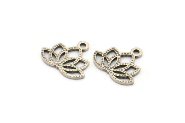 Lotus Flower Charm, 10 Antique Silver Plated Brass Lotus Flower Charms, With 1 Loop, Earrings, Findings (14x16mm) N0869 H0921