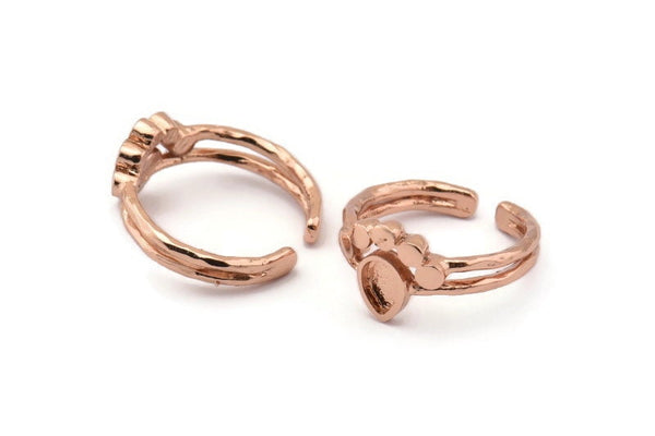 Rose Gold Ring Setting, 2 Rose Gold Plated Brass Drop Rings With 1 Stone Setting - Pad Size 6x4mm D0214 Q0646