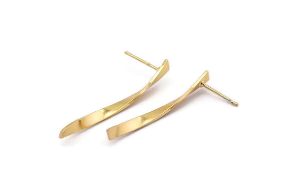 Gold Twisted Earring, 4 Gold Plated Brass Twisted Stick Stud Earrings (39x3x0.80mm) N0693