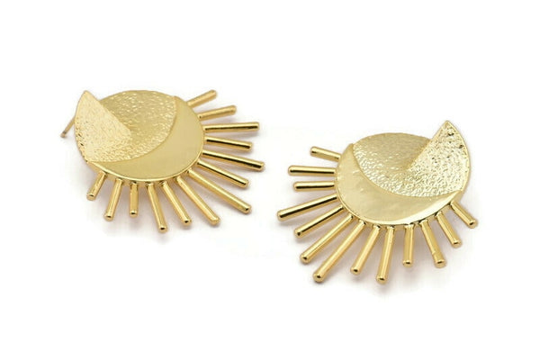 Gold Sun Earring, 2 Textured Gold Plated Brass Sun Stud Earrings (38mm) N1018 Q0960