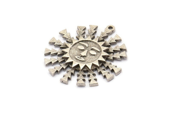 Gümüş Güneş Charm'ı, 1 Halkalı Antik Gümüş Kaplamalı Pirinç Güneş Kolye Uçları, Charm Kolye Uçları (30x27x1,2 mm) N1575 H1582