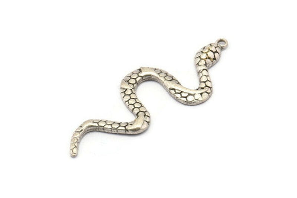Silver Snake Pendant, 2 Antique Silver Plated Brass Snake Pendants With 1 Loop, Charms, Findings (49x17x2.8mm) N1602 H1573