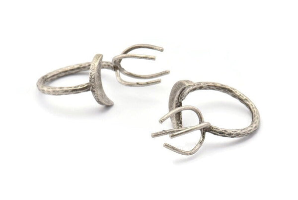 Silver Moon Ring, 2 Antique Silver Plated Brass 4 Claw Ring For Natural Stones N1026 H1263