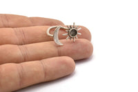 Silver Ring Settings, 2 Antique Silver Plated Brass Moon And Sun Ring With 1 Stone Setting - Pad Size 5mm N1021 H1267