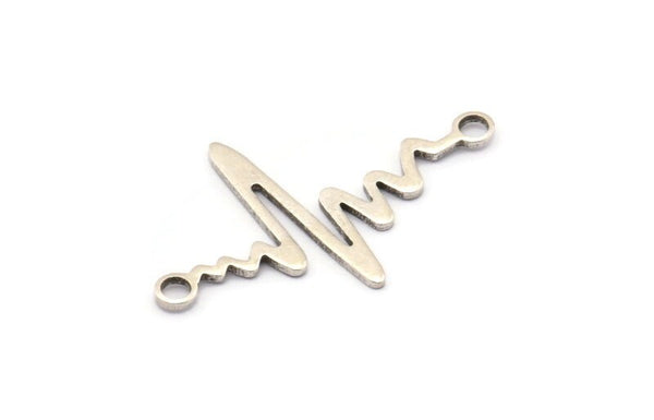 Silver Heart Rhythm Connector, 8 Antique Silver Plated Brass Heart Rhythm Shaped Connectors With 2 Loops (37.5x24x1mm) E067