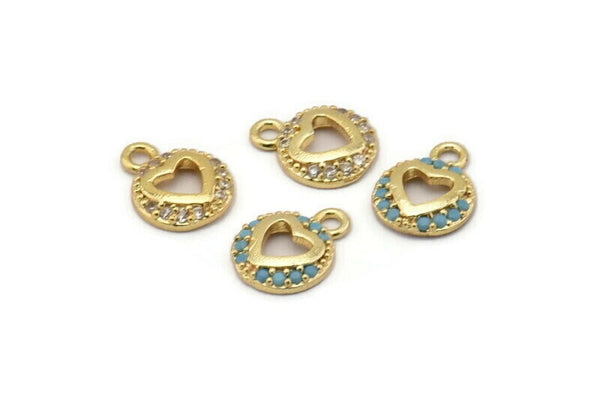 Gold Heart Charm, 4 Gold Plated Heart, Cubic Zircon, CZ Pave Heart Charm, Zircon Charm Pendants (8x10mm) SY0012