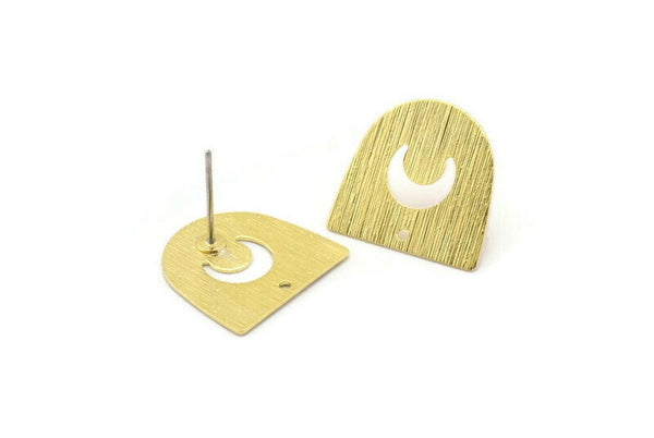 D Shape Earring, 10 Textured Raw Brass Crescent Moon D Shape Stud Earrings With 1 Hole (16x17x0.50mm) M01316 A2404
