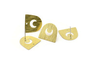D Shape Earring, 10 Textured Raw Brass Crescent Moon D Shape Stud Earrings With 1 Hole (16x17x0.50mm) M01316 A2404
