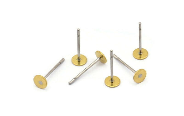 Stainless Steel Post, 100 Stainless Steel Earring Posts With Raw Brass 4mm Flat Pad, Ear Studs A0425