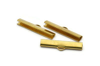 Ribbon End Claps, 20 Raw Brass Ribbon Crimp Ends With 1 Loop, Jewelry Findings (36mm) D0454