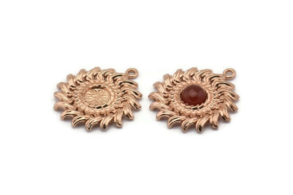 Rose Gold Sunflower Charm, Rose Gold Plated Brass Flower Charm Earrings With 1 Loop, Pendants, Earrings (25mm) N0808 Q0812