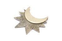 Moon and Sun, 1 Antique Silver Plated Crescent Moon and Semi Sun Ethnic Pendants with 2 Loops, Findings, Charms (36.5x41x0.9mm) U133 H0377