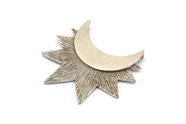 Moon and Sun, 1 Antique Silver Plated Crescent Moon and Semi Sun Ethnic Pendants with 2 Loops, Findings, Charms (36.5x41x0.9mm) U133 H0377