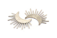 Moon and Sun, 2 Antique Silver Plated Brass Crescent Moon and Semi Sun Ethnic Pendants With 2 Loops, Findings, Charms (49x35x1mm) U122 H0380