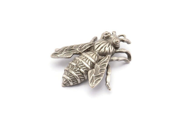 Huge Bee Pendant, 1 Antique Silver Plated Brass Bee Charm Pendant (41x34mm) N0350 H0401