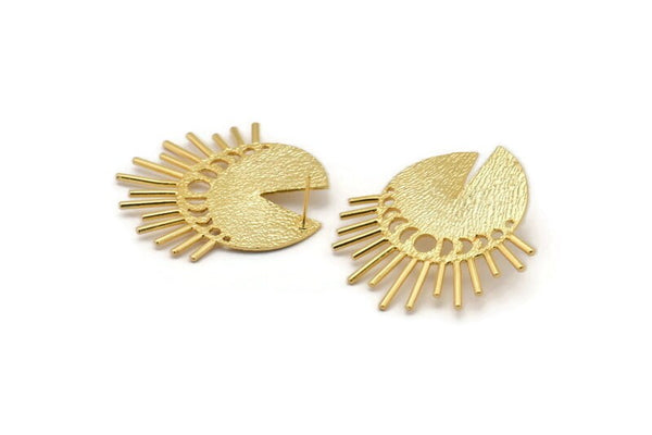 Gold Moon Earring, 2 Textured Gold Plated Brass Plated Brass Moon Phases Stud Earrings (39x41x1mm) N1014 Q0959