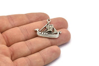 Antique Silver Ship Pendant, 2 Antique Silver Plated Viking Ship Necklace Pendants With 1 Loop, Earrings, Findings (31x27x3mm) BS 1912