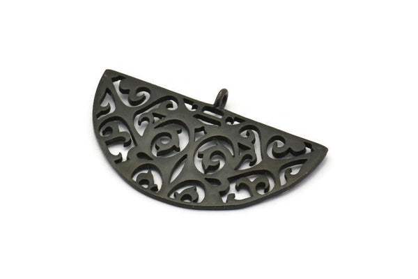 Black Ethnic Pendant, 2 Oxidized Black Brass Semi Circle Pendants With 1 Loop (37x22x1mm) V043