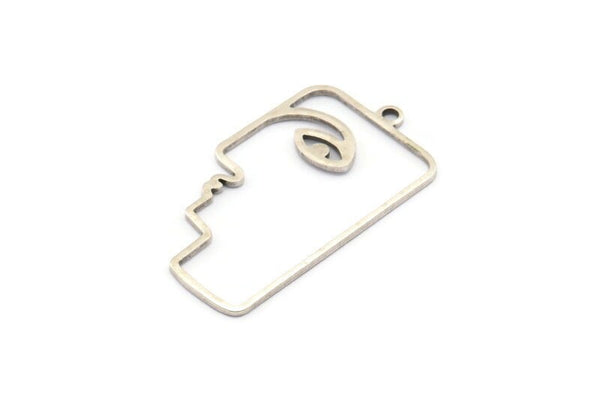 Silver Face Charm, 4 Antique Silver Brass Face Shaped Charms With 1 Loop (40x22x1mm) D0558 H0736