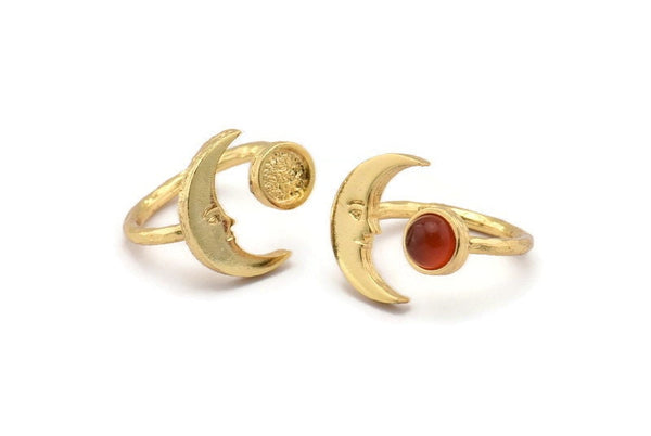 Gold Ring Settings, Gold Plated Brass Moon And Planet Ring With 1 Stone Setting - Pad Size 6mm N1495