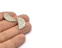 Semi Circle Charm, 12 Antique Silver Plated Brass Textured Half Moon Blanks With 1 Hole, Earrings, Pendants (25x12x0.60mm) D0794 H0884