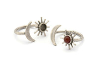 Silver Ring Settings, 2 Antique Silver Plated Brass Moon And Sun Ring With 1 Stone Setting - Pad Size 5mm N1021 H1267