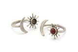 Silver Ring Settings, 2 Antique Silver Plated Brass Moon And Sun Ring With 1 Stone Setting - Pad Size 5mm N1021 H1267