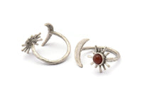 Silver Ring Settings, 2 Antique Silver Plated Brass Moon And Sun Ring With 1 Stone Setting - Pad Size 5mm N1021 H1267