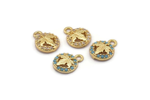 Gold Leaf Charm, 4 Gold Plated Leaf, Cubic Zircon, CZ Pave Leaf Charm, Zircon Charm Pendants (8x10mm) SY0003
