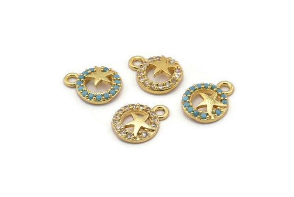 Gold StarFish Charm, 4 Gold Plated Sea Star Cubic Zircon, CZ Pave Sea Star Charm, Zircon Charm Pendants (8x10mm) SY0005