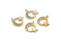 Gold Star Charm, 4 Gold Plated Moon, Cubic Zircon, CZ Pave Star Charm, Zircon Charm Pendants, Moon And Star (11x12mm) SY0011