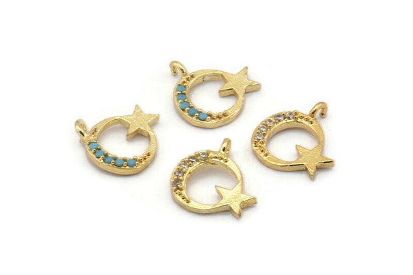 Gold Star Charm, 4 Gold Plated Moon, Cubic Zircon, CZ Pave Star Charm, Zircon Charm Pendants, Moon And Star (11x12mm) SY0011