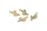 Gold Cactus Charm, 4 Gold Plated Cactus, Cubic Zircon, CZ Pave Cactus Charm, Zircon Charm Pendants (7x14mm) SY0006
