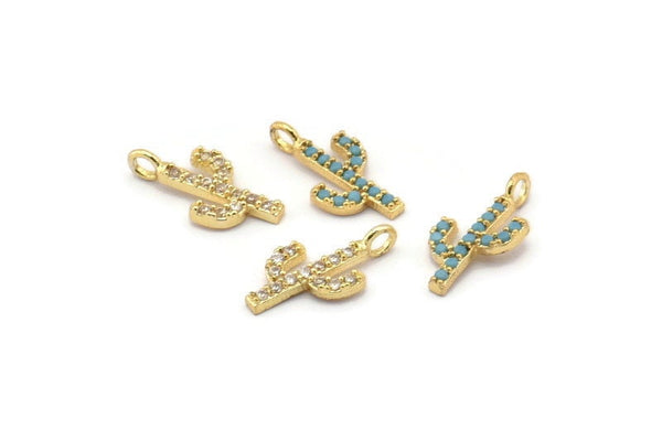 Gold Cactus Charm, 4 Gold Plated Cactus, Cubic Zircon, CZ Pave Cactus Charm, Zircon Charm Pendants (7x14mm) SY0006