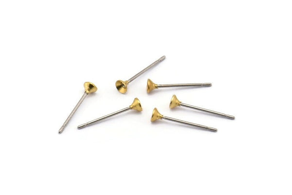Stainless Post with Cup Pad, 100 Stainless Steel Earring Posts With Raw Brass 3mm Cup, Bowl Pad, Ear Stud Y030