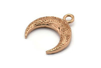 Rose Gold Moon Charm, 2 Rose Gold Plated Brass Textured Horn Charms With 1 Loop, Pendant, Jewelry Finding (19x6x4mm) N0271 Q0383