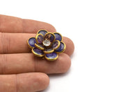 Purple Lucite And Brass Frame Caged Rhinestone Flower Flatback Beads, Cabochons 32 Mm B-20