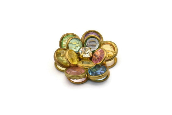 Colorful Lucite And Brass Frame Caged Rhinestone Flower Flatback Beads, Cabochons 32 Mm B-20