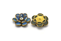 Blue Lucite And Brass Frame Caged Rhinestone Flower Flatback Beads, Cabochons 32 Mm B-22