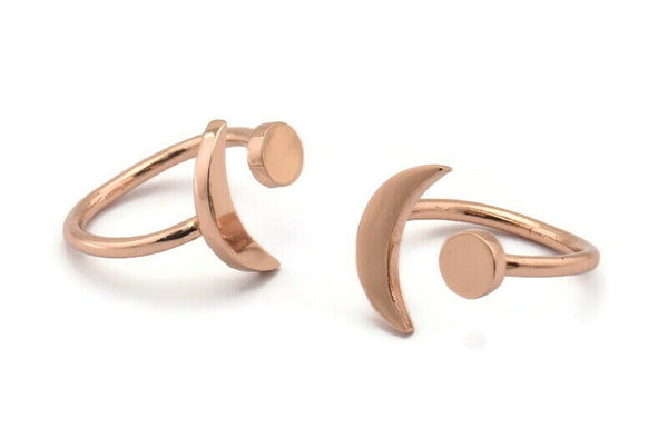 Universe Cosmos Ring, 2 Rose Gold Plated Brass Moon And Planet Rings - Round Cabochon Size: 6mm N0127 Q0232