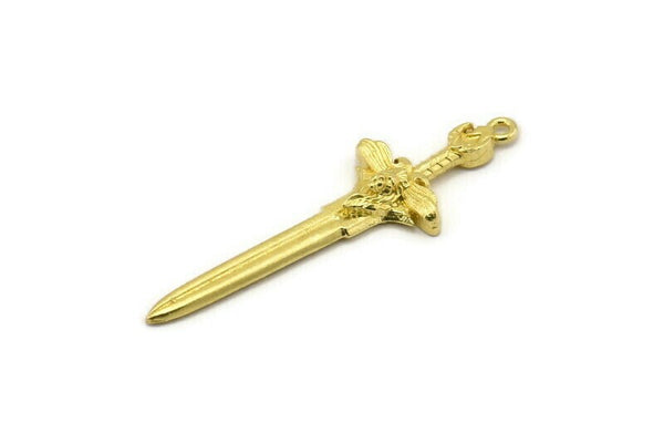 Brass Sword Charm, 2 Raw Brass Sword Charms With 1 Loop, Lion Sword (49x15mm) N1693