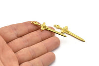 Brass Sword Charm, 2 Raw Brass Sword Charms With 1 Loop, Lion Sword (49x15mm) N1693