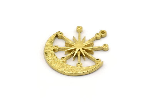 Brass Moon Charm, 4 Raw Brass Moon And Star Charms With 1 Loop (27x23x2mm) N1706